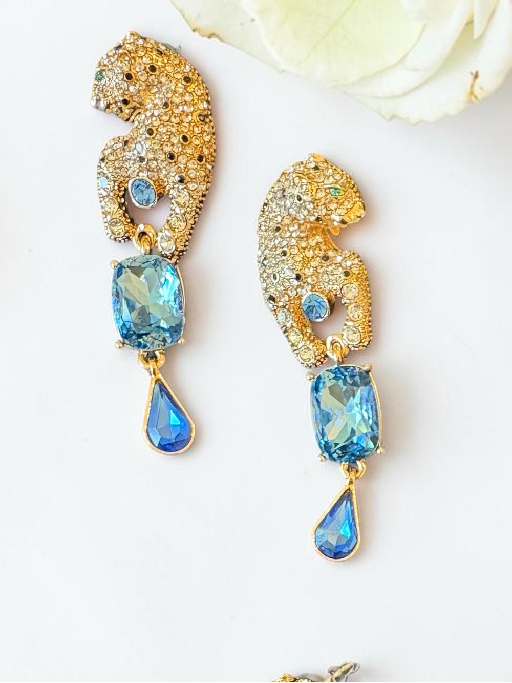 Gold and Blue Crystal Drop Earrings - Designer Style